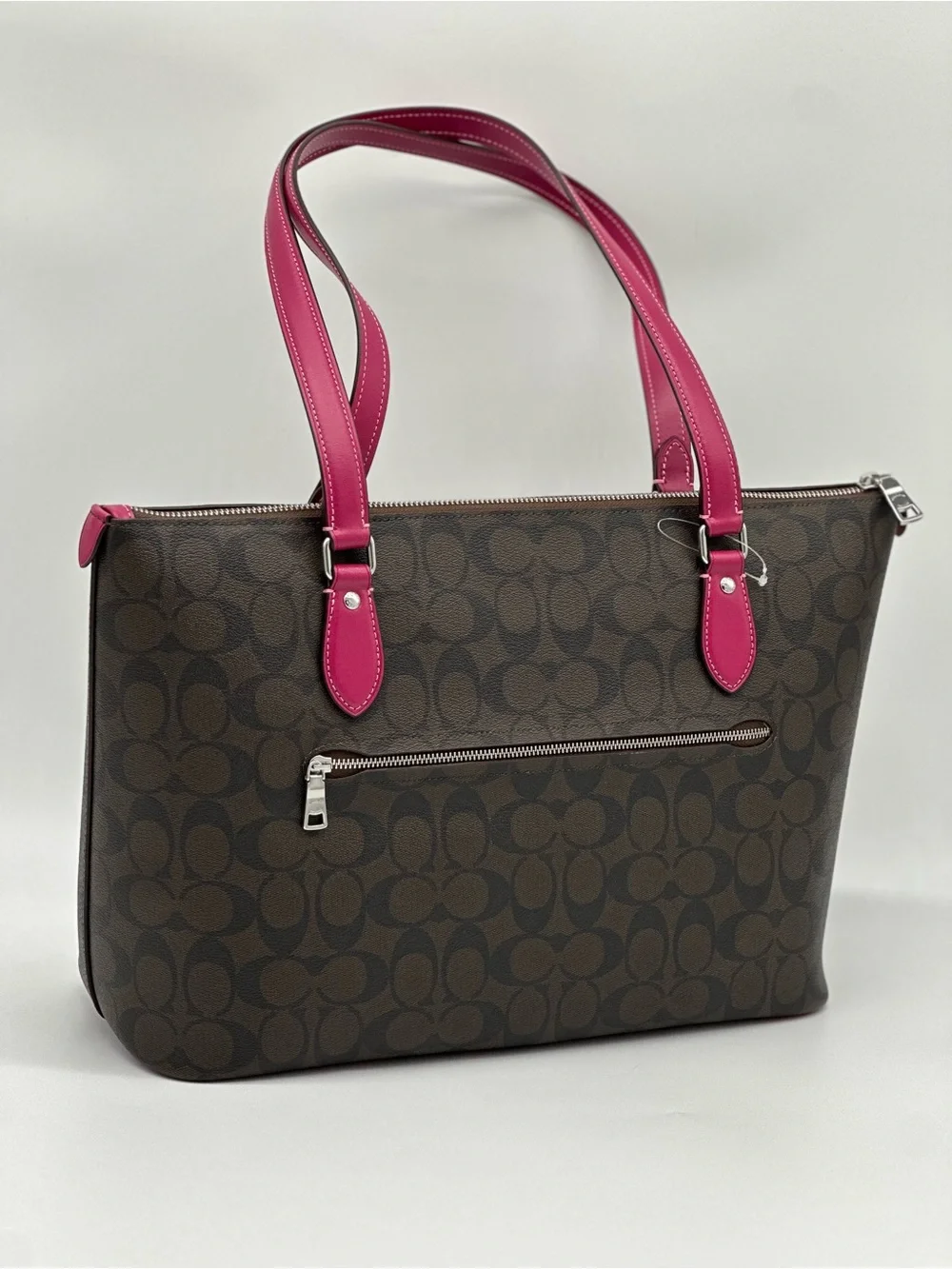 Coach Brown Signature Tote with Pink Handles